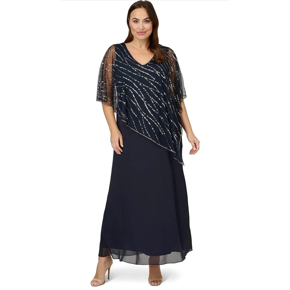 Adrianna‎ Papell Midnight Navy Sequin Beaded Popover Midi Dress 18W NWT